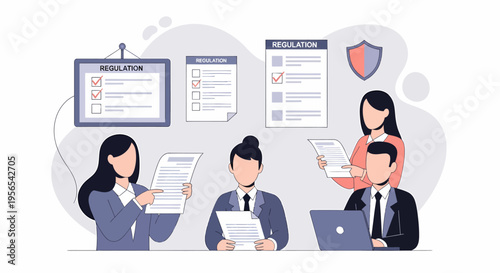 Business professionals review documents and regulations in an office setting.