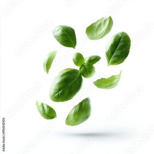 Fresh basil leaves floating in air isolated on white background, dynamic food photography