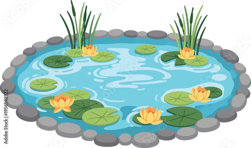 Cartoon Garden Pond with Water Lilies, Stones, and Reeds Isolated on White Background
