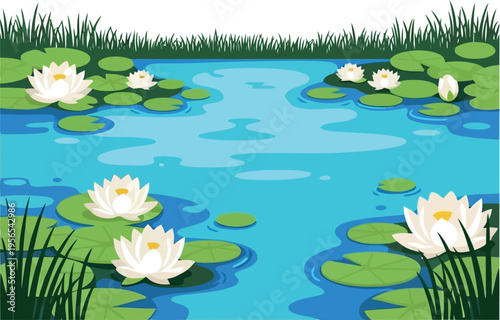 Vector illustration of tranquil pond with blooming white water lilies and green lily pads