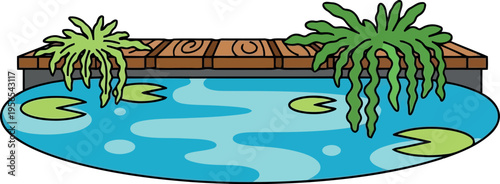 Cartoon pond with wooden dock, lily pads, and green aquatic plants illustration
