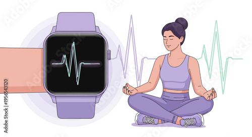 Woman Meditating with Smartwatch Displaying Heart Rate, Promoting Health and Wellness