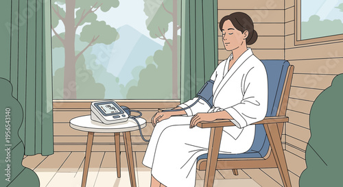 Woman monitors blood pressure at home, enjoying peaceful nature view from balcony.