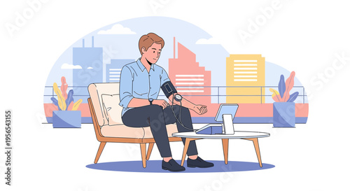 Woman monitors blood pressure at home, healthy lifestyle, city background