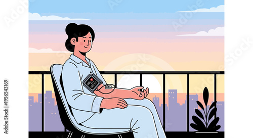 Woman monitors blood pressure on balcony at sunrise, healthy lifestyle concept