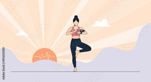 Woman practicing yoga tree pose at sunrise, healthy lifestyle, mindfulness, fitness