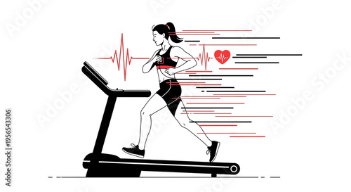 Woman running on treadmill with heart rate monitor and EKG line, fitness and health concept