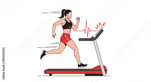 Woman running on treadmill with heart rate monitor, fitness and cardio workout