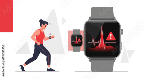 Woman running with smartwatch showing abnormal heart rate alert