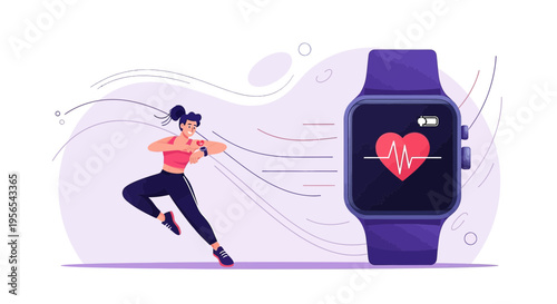 Woman running with smartwatch tracking heart rate and activity, fitness concept