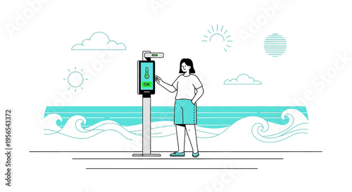 Woman Interacting with Smart Beach Kiosk on Sunny Day with Ocean Waves