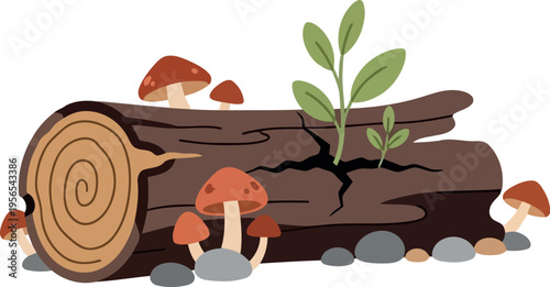 Vector illustration of fallen log with mushrooms, green sprouts, and stones in forest ecosystem