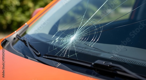 Closeup of a car windshield with a cracked and broken glass