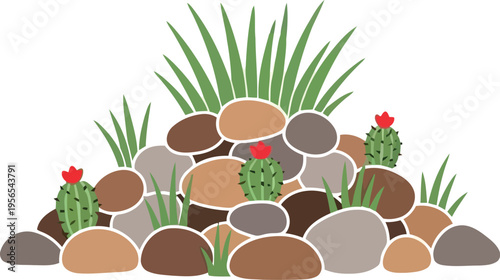 Desert Rock Garden Illustration with Cactus and Succulent Plants, Nature Landscape Clipart