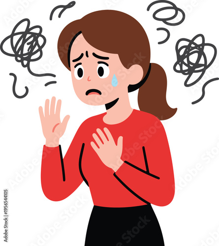 Stressed Woman with Worry Lines and Sweating, anxious emotional state cartoon vector illustration
