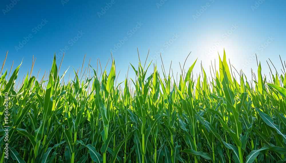 Fototapeta premium Green corn stalks grow tall in a sunny agricultural field under a clear blue sky. This healthy crop is ready for harvest, symbolizing nature and