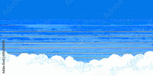 A pixelated blue landscape with white clouds and horizontal lines