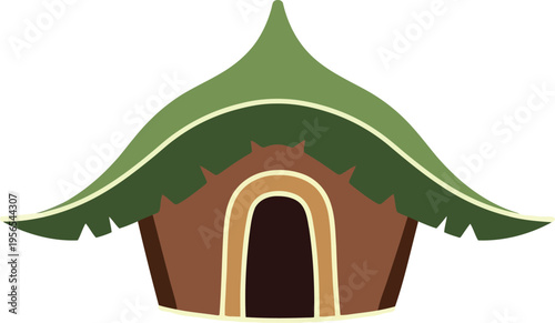 Traditional African Hut Illustration with Green Thatched Roof Isolated on White Background