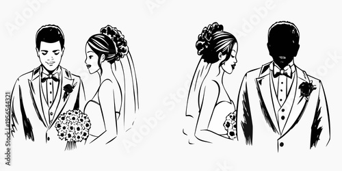Elegant wedding couple illustration in black and white showing diverse pairings