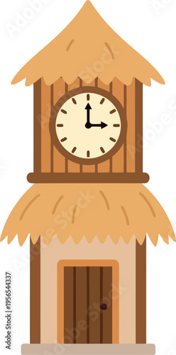 Cartoon wooden clock tower with thatched roof isolated on white background vector illustration