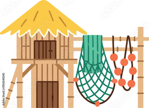 Traditional bamboo fishing hut with thatched roof and hanging fishing nets, flat vector illustration