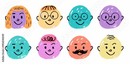 Colorful hand drawn faces resembling eggs with diverse expressions