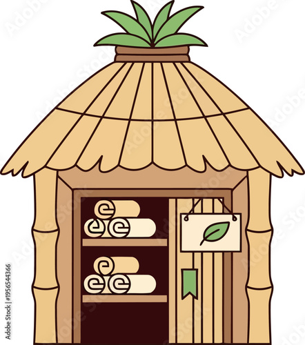 Cartoon bamboo spa hut with thatched roof, tropical wellness retreat illustration, eco-friendly relaxation concept