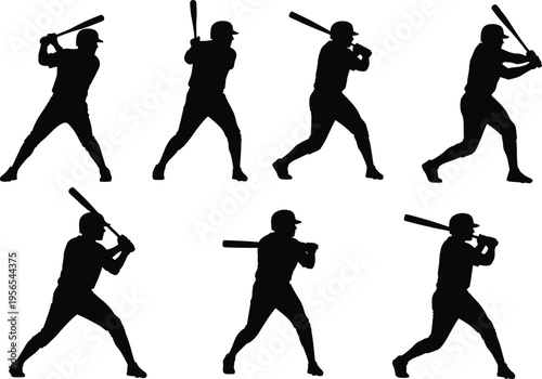 Baseball player silhouette set in different batting poses isolated on white background, sports action collection, athletic movement, training and competition concept