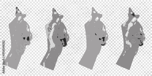Four grayscale silhouettes of figures with pointed hats and cloaks