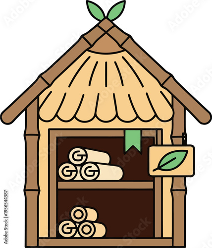 Eco-friendly bamboo spa hut with rolled towels and natural leaf sign, vector illustration