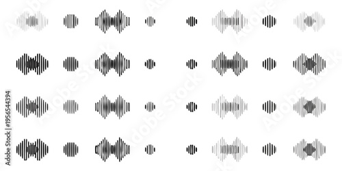 Abstract arrangement of grayscale waveforms and dots on a white background