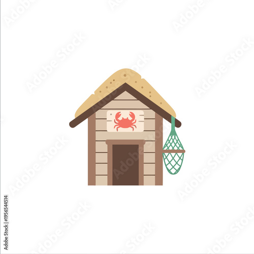 Bild auf Leinwand Rustic Crab Shack Illustration with Fishing Net and Wooden Hut on White Backgrou
