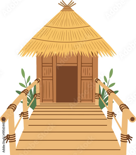 Traditional Bamboo Hut with Thatched Roof and Wooden Bridge Vector Illustration
