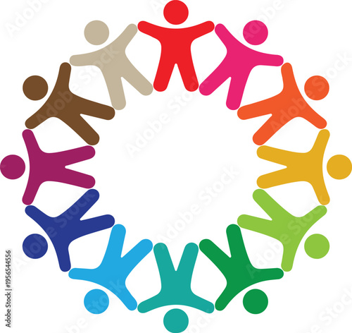 Multicolored Paper People Forming a Unity Circle Holding Hands, Flat Design Community Diversity and Teamwork Symbol vector illustration
