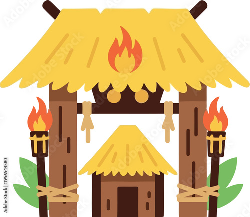 Cartoon tribal hut with thatched roof and torches, isolated vector illustration for game or educational use