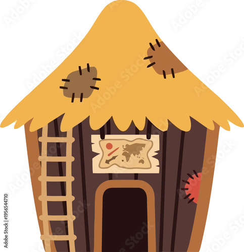 Cartoon wooden hut with thatched roof and ladder, rustic tribal house illustration for children’s design