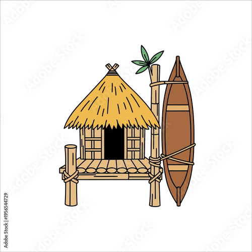 Traditional Tropical Bamboo Hut with Thatch Roof and Canoe Isolated on White Background Vector Illustration