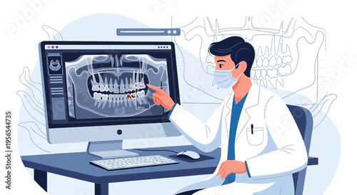 Dentist Examining Dental X-ray on Computer Screen, Modern Dental Clinic