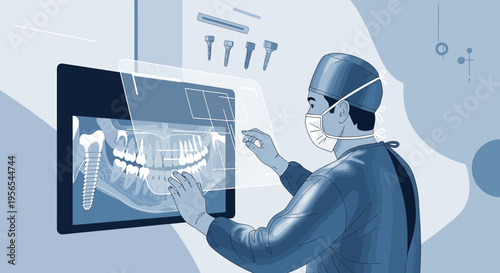 Dentist examining dental x-ray on futuristic screen with implants and surgical tools