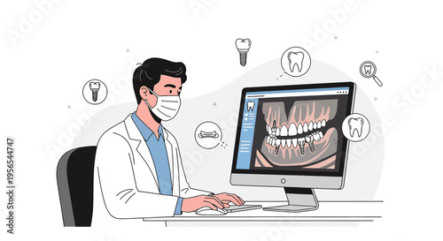 Dentist examining dental X-ray on computer screen, modern dental clinic, technology