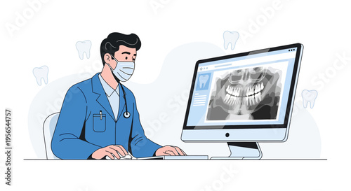 Dentist examining dental x-ray on computer screen, modern dental clinic, healthcare concept