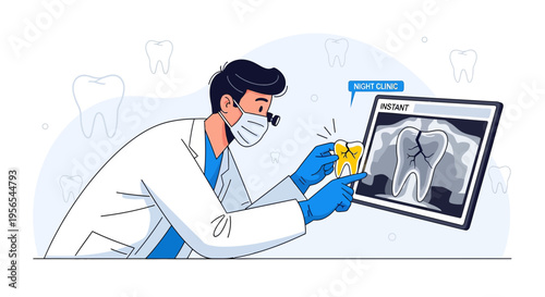 Dentist Examining Tooth X-ray with Crack, Night Clinic Concept