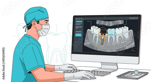 Dentist analyzes 3D dental scan on computer for implant surgery planning