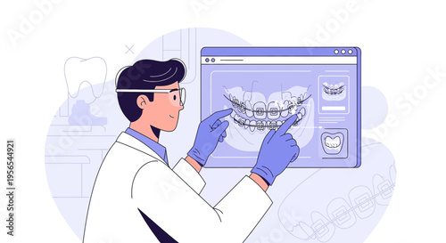Dentist analyzes 3D dental scan on computer screen, showing braces and teeth