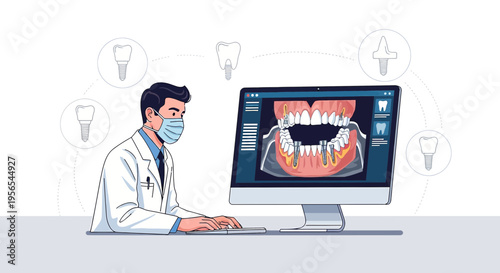 Dentist analyzing 3D dental scan on computer for implant surgery planning
