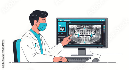 Dentist Analyzing Dental X-ray on Computer Screen, Modern Dental Clinic