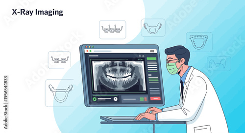 Dentist Analyzing Dental X-Ray on Computer Screen, Modern Dental Technology