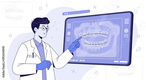 Dentist Analyzing Dental X-ray on Digital Screen, Modern Orthodontics Technology