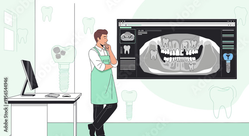 Dentist analyzing dental x-ray on screen, dental implants and teeth illustration