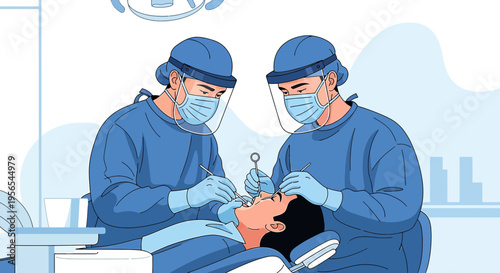 Dentist and assistant in protective gear performing dental surgery on a patient